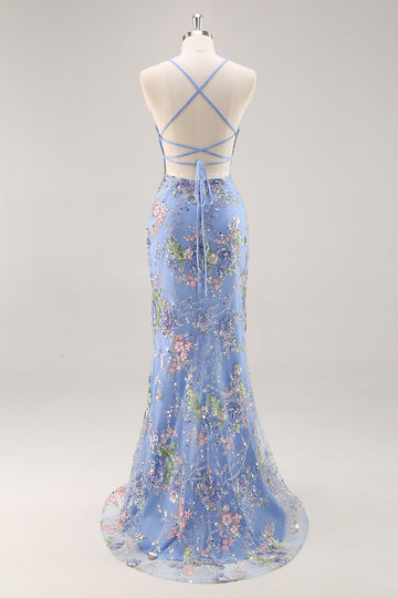 Mermaid Appliqued Blue Prom Dress with Sequins